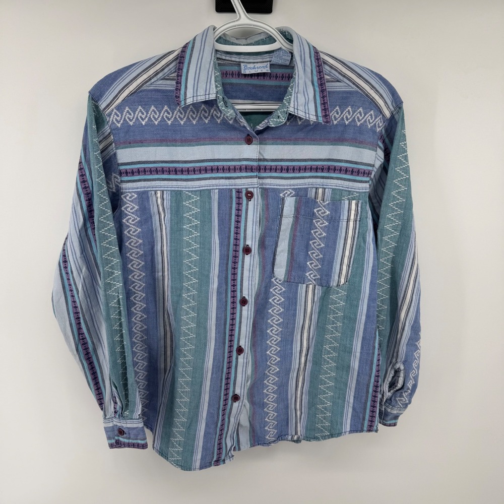 Vintage Aztec Southwest Backroad Blues Womens Medium Striped Cotton Button Down